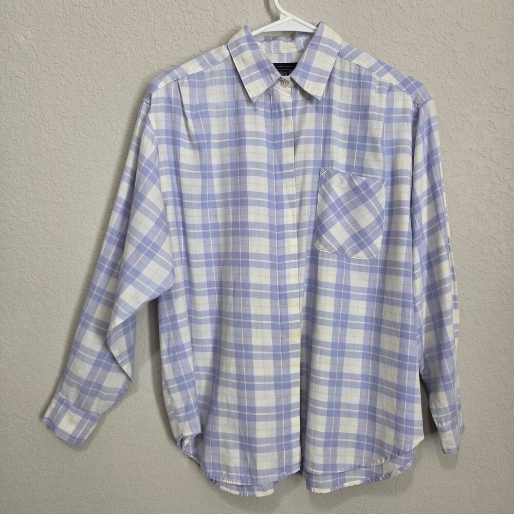 Plaid Button up Shirt Womens 14 Large Hunters Glen Lavender Purple Casual Pastel